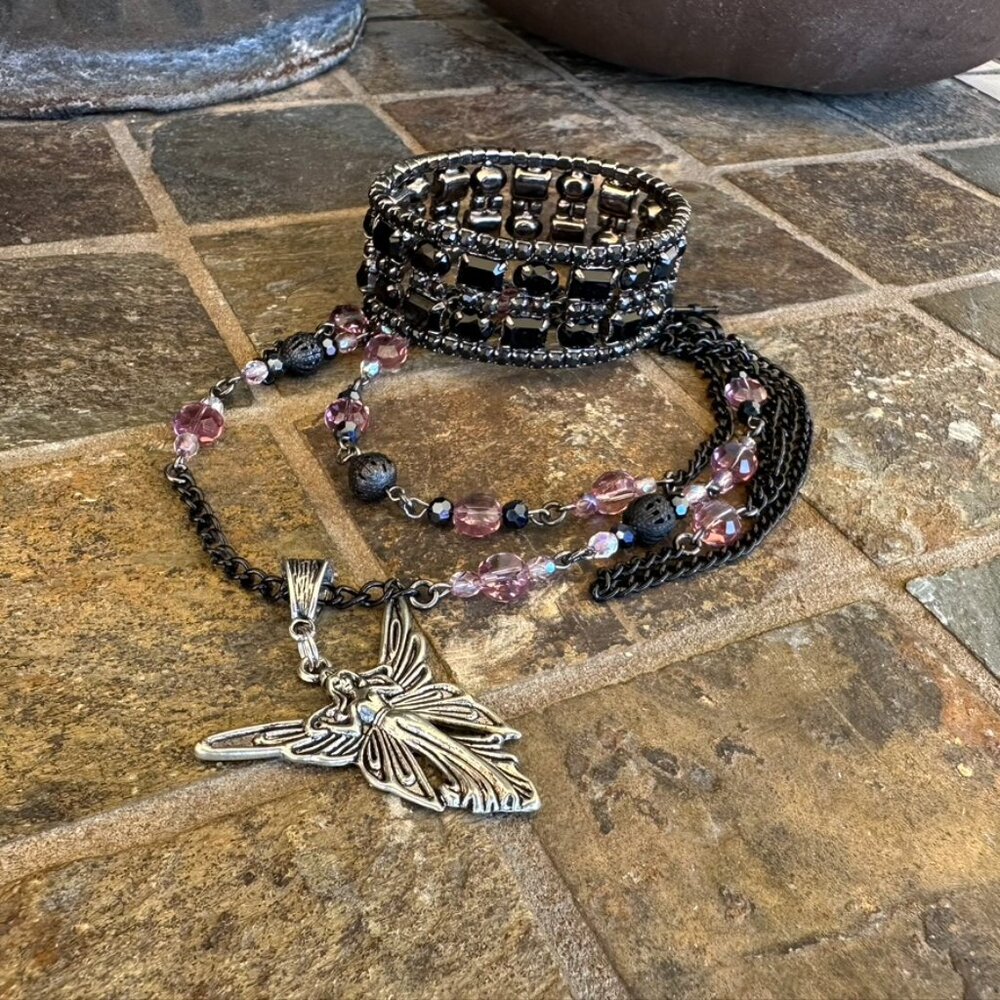 NEW - Handmade Necklace & Vintage Rhinestone Bracelet - Black, Lilac & Silver - Picture 5 of 9